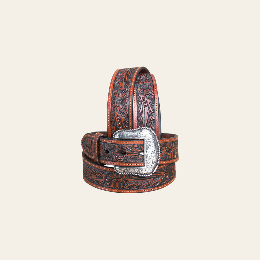 44" Roper Mens Tan Hand Tooled Floral Design Belt With Silver Buckle