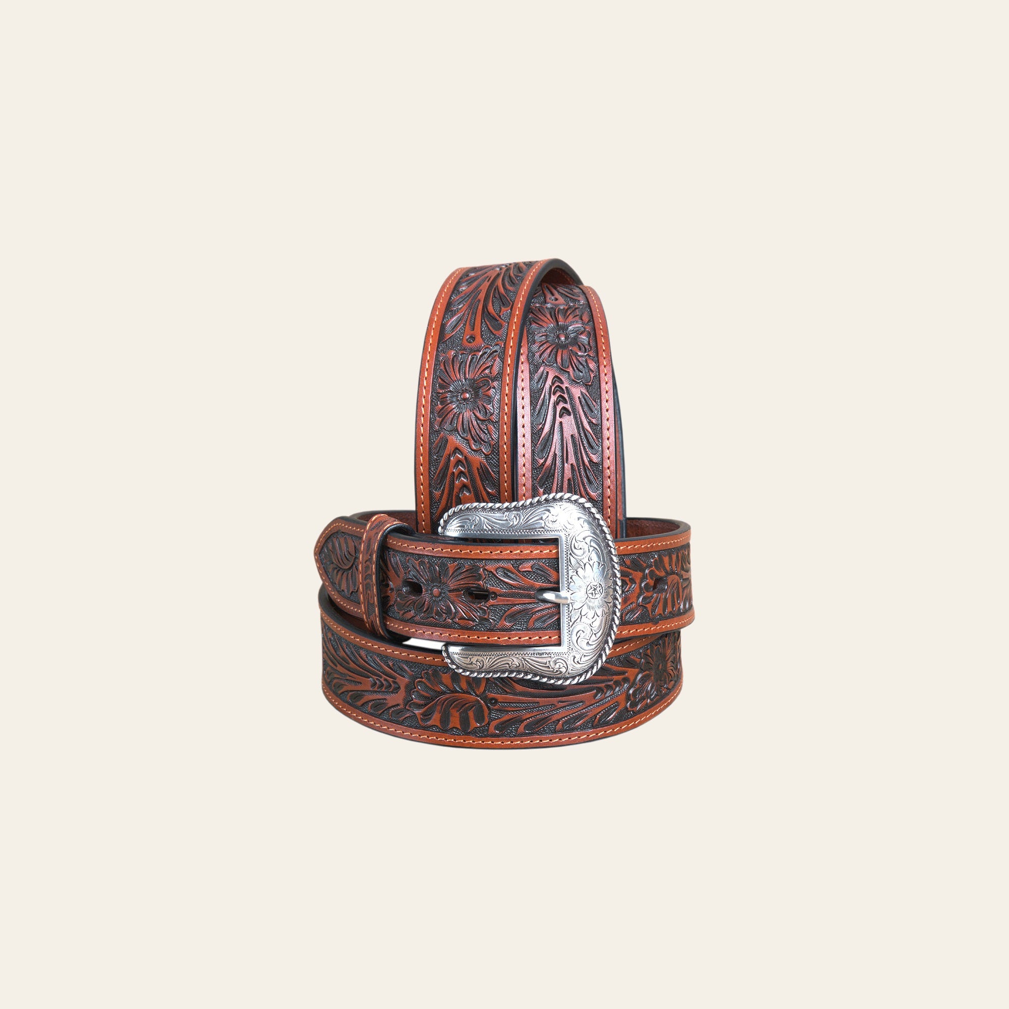 44" Roper Mens Tan Hand Tooled Floral Design Belt With Silver Buckle