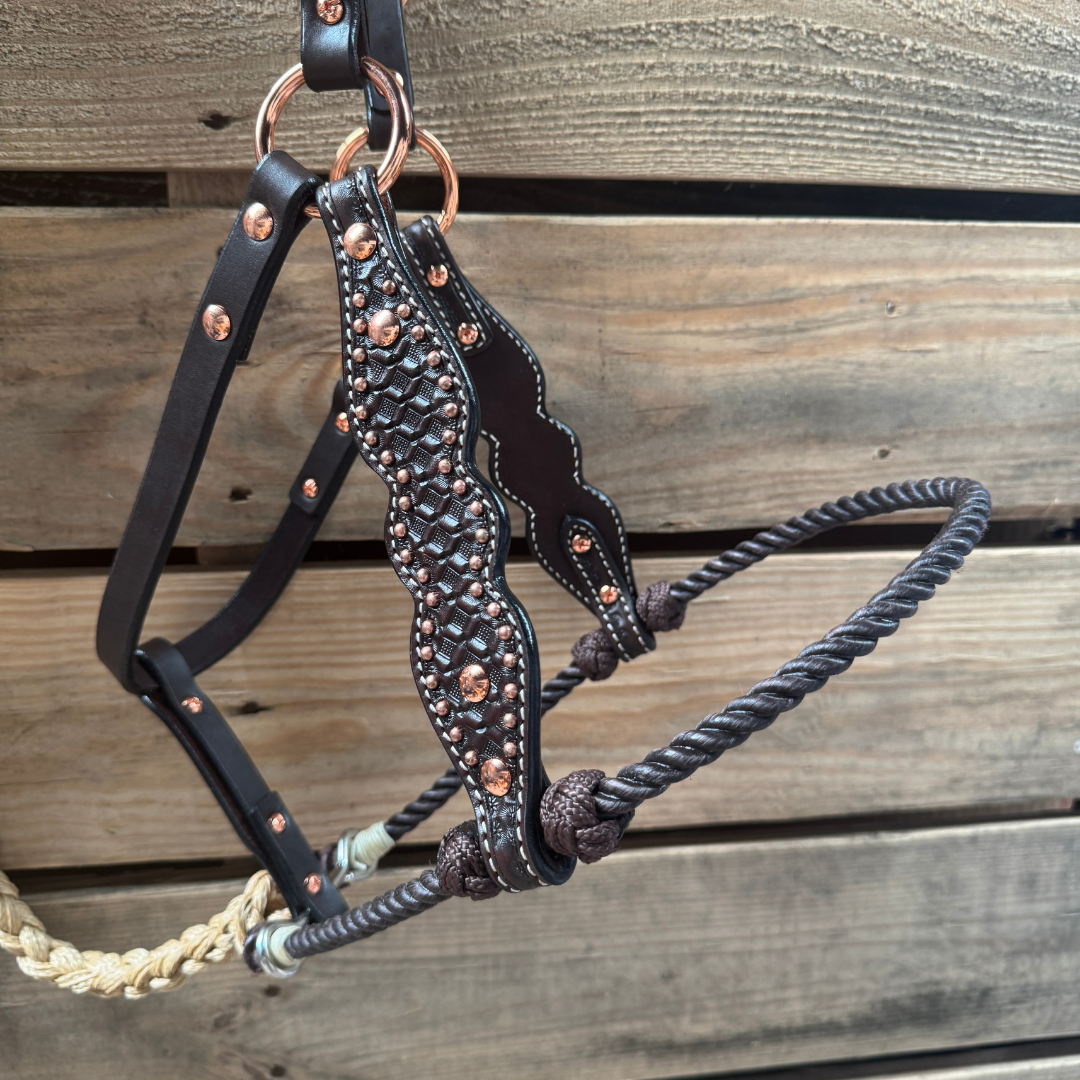 Brown Honeycomb Tooled Lariat & Leather Combo Halter — view 2