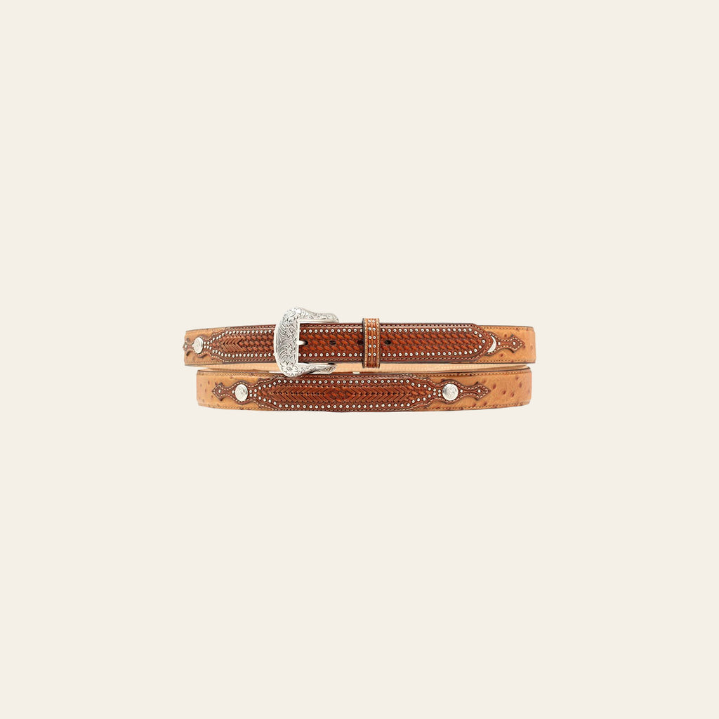Nocona Ostrich Print Weave Belt Leather Mens Tan