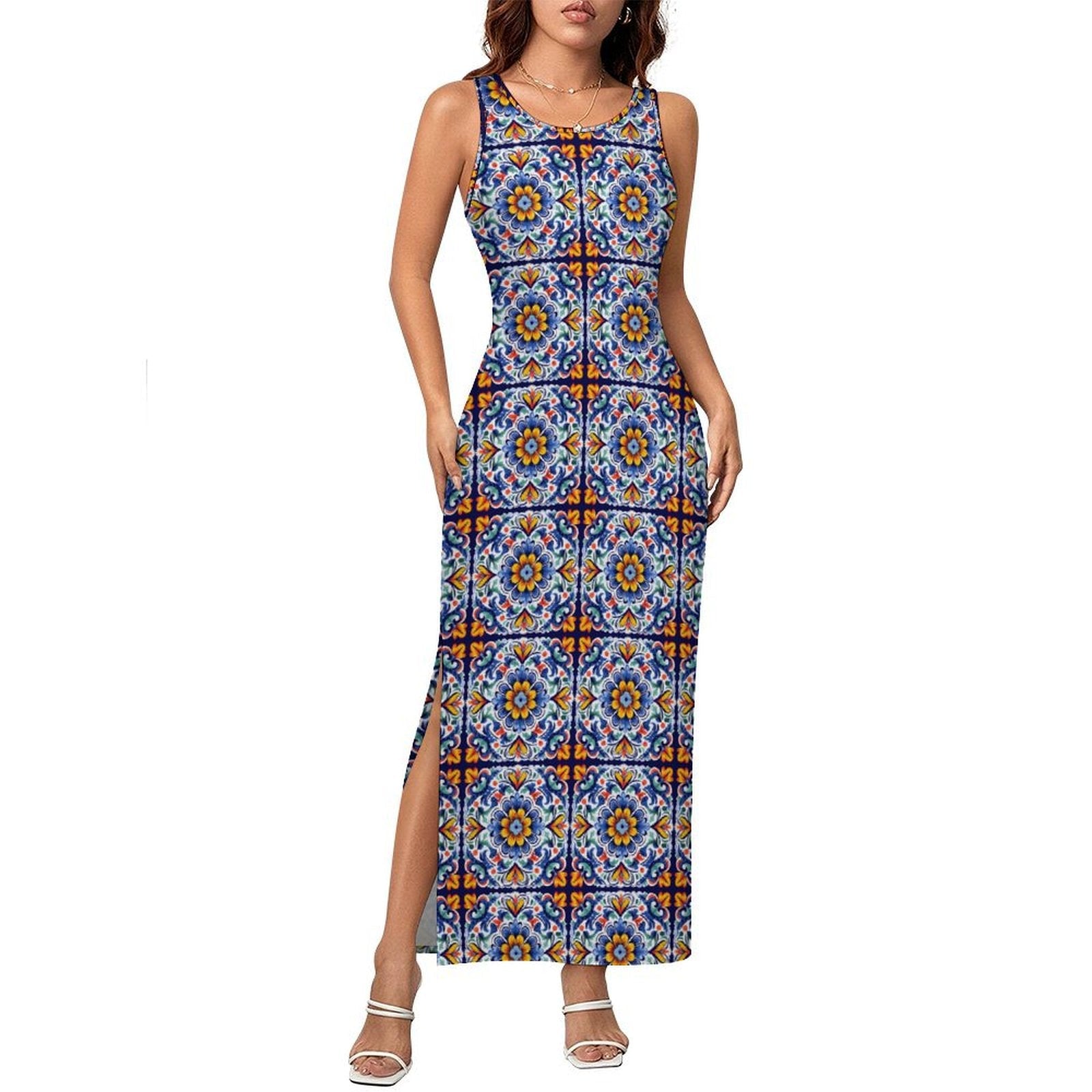 Baha Ranch Colores de Mexico Talavera Sleeveless Bodycon Side Slit Long Dress by Baha Ranch Western Wear