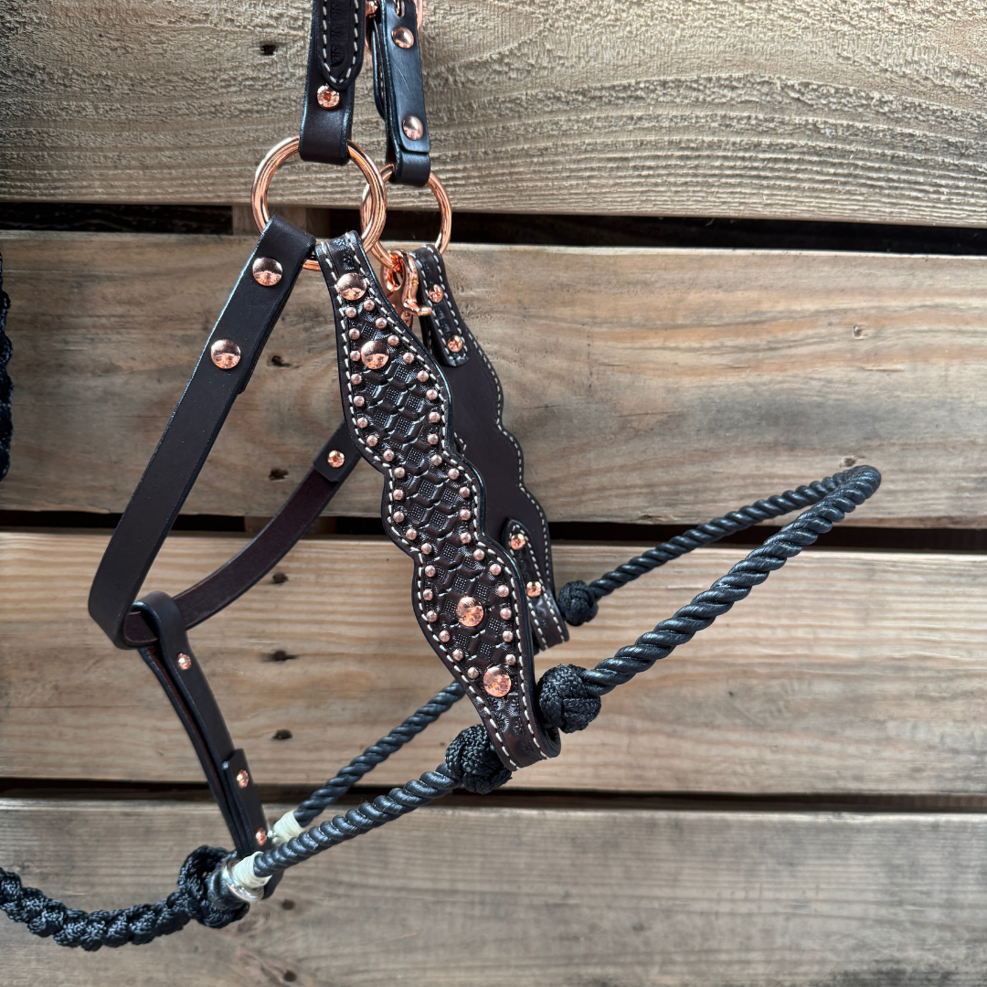 Black Honeycomb Tooled Lariat & Leather Combo Halter — view 2