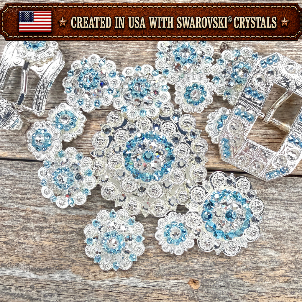 Bright Silver Aqua - Clear Crystal Conchos | Sizes 1"- 3" | Buckles | Saddle Set | Leather Rosettes | Slide