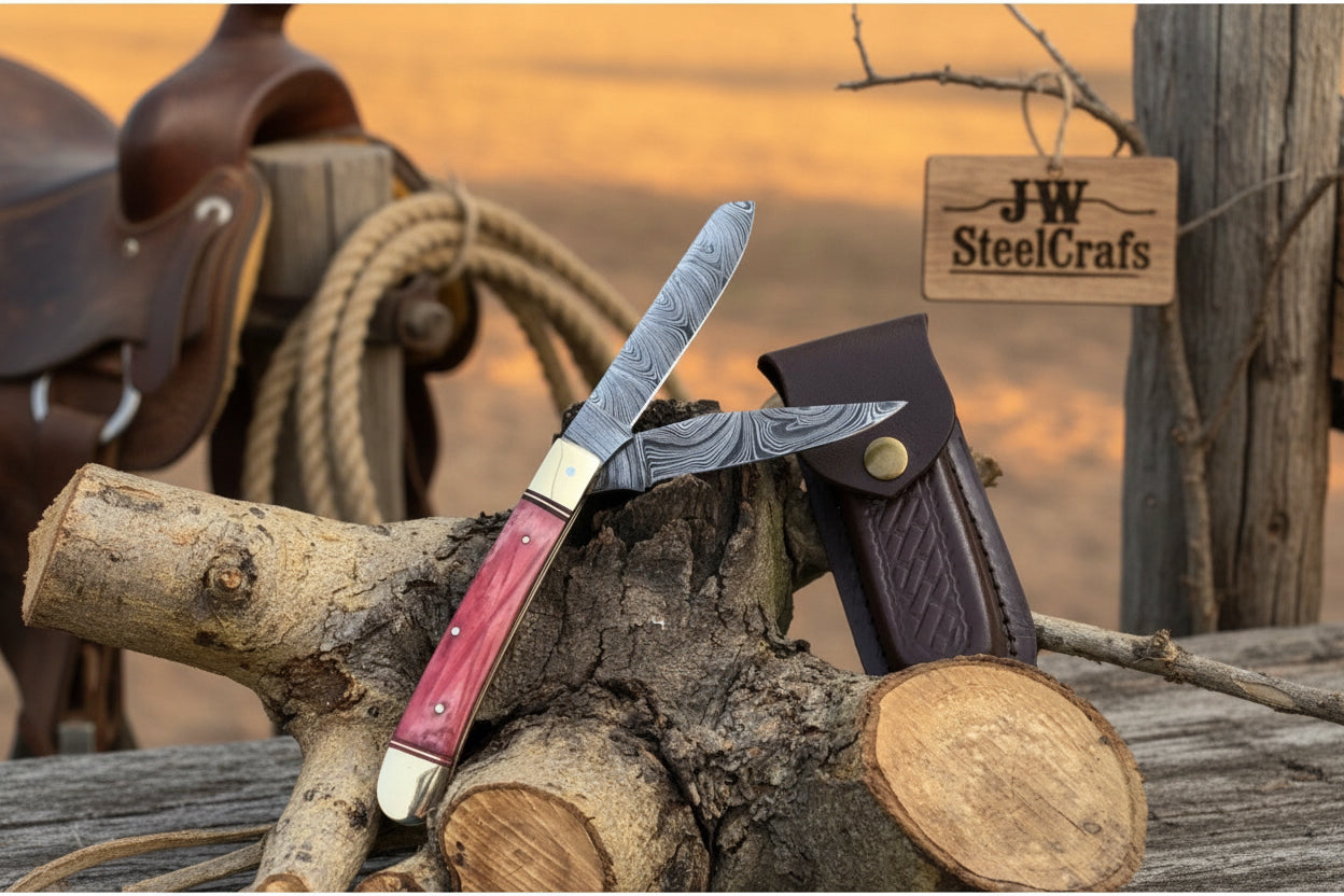 Backwoods Trapper Knife Two Blade Pink Bone Handle Steel Bolster Slip Joint