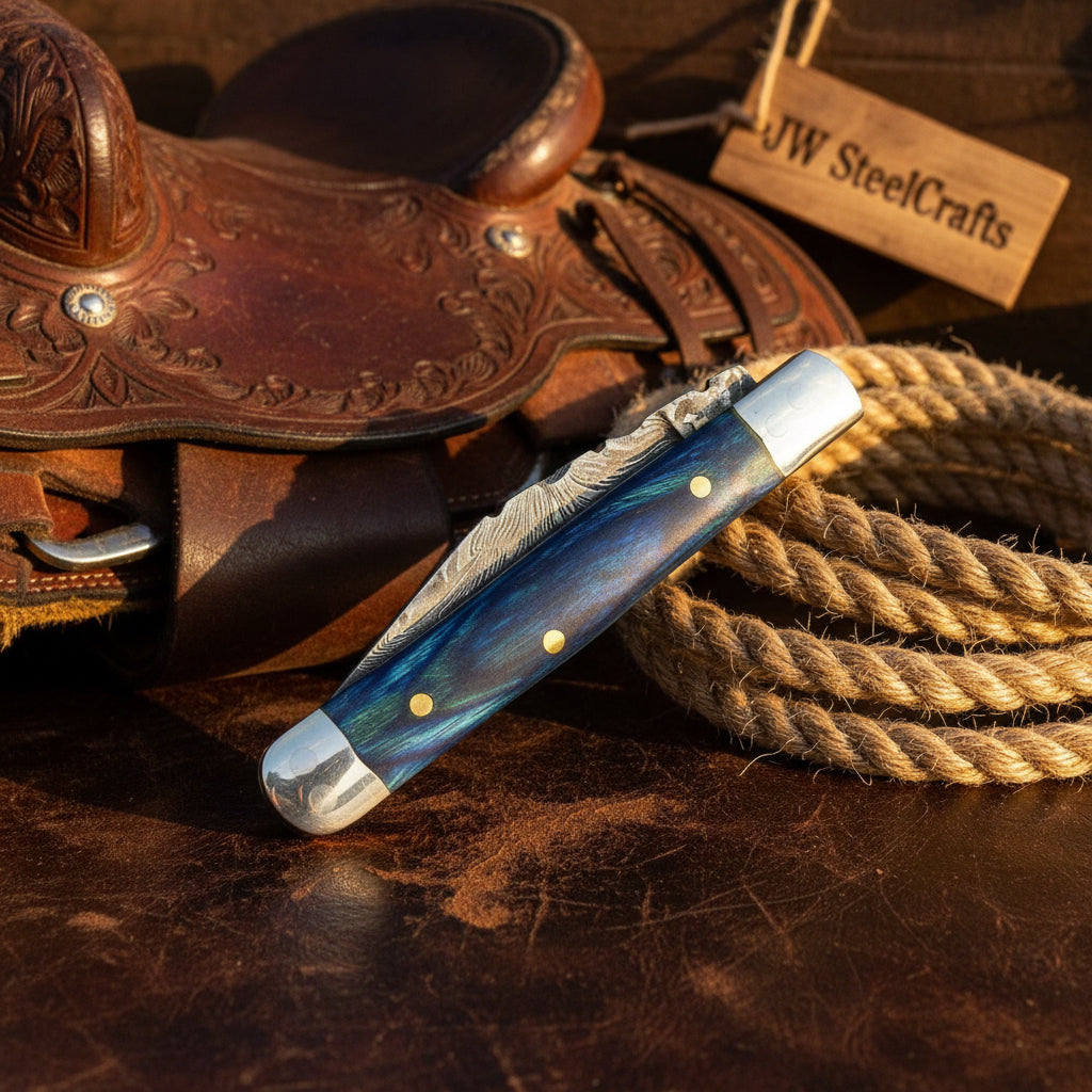 Custom Damascus Trapper Folding Knife – Blue Pakka Wood