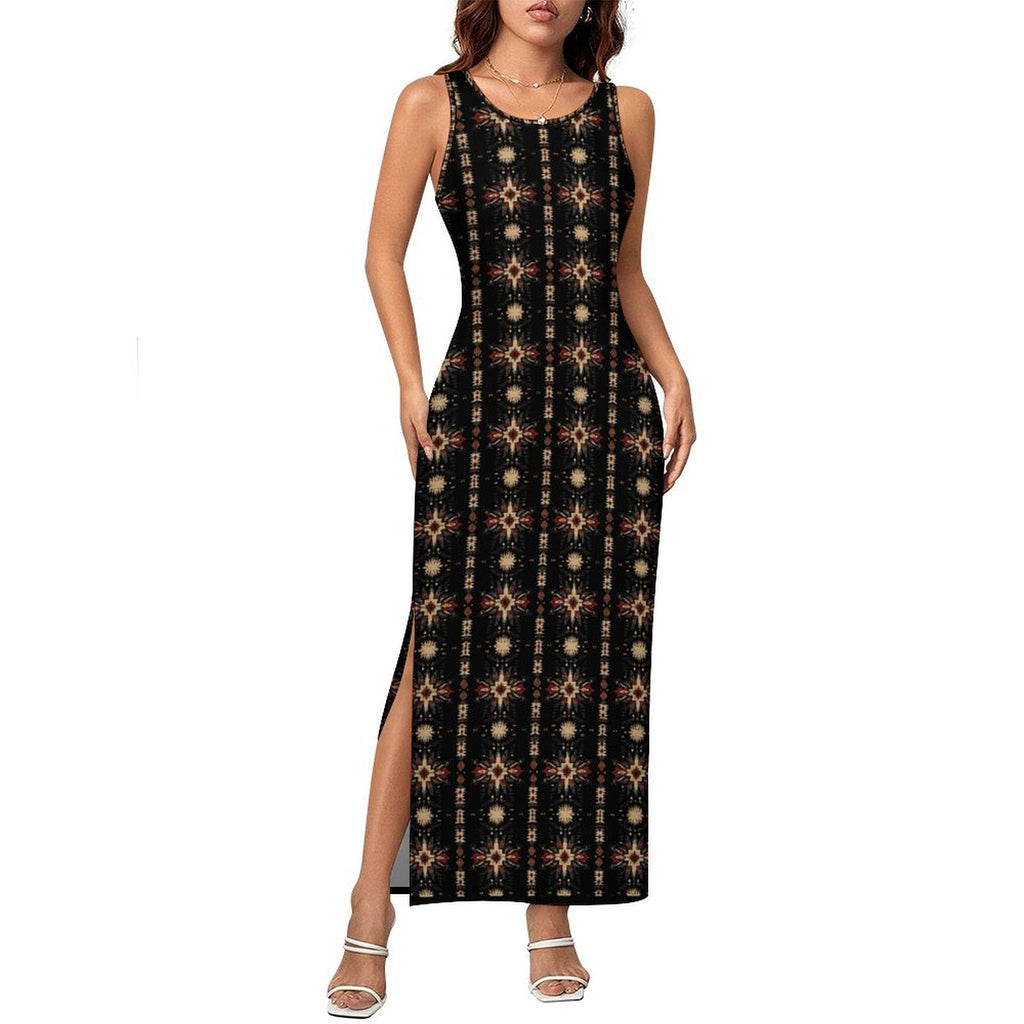 Baha Ranch Black and Tan Aztec Sleeveless Bodycon Side Slit Maxi Dress by Baha Ranch Western Wear