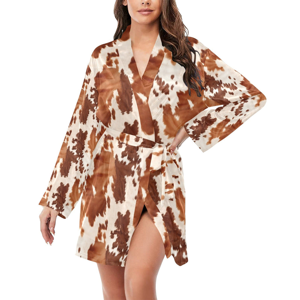 Baha Ranch Light Brown Cow Print Women's Long Sleeve Belted Satin Feel Dressing Lounge Robe by Baha Ranch Western Wear