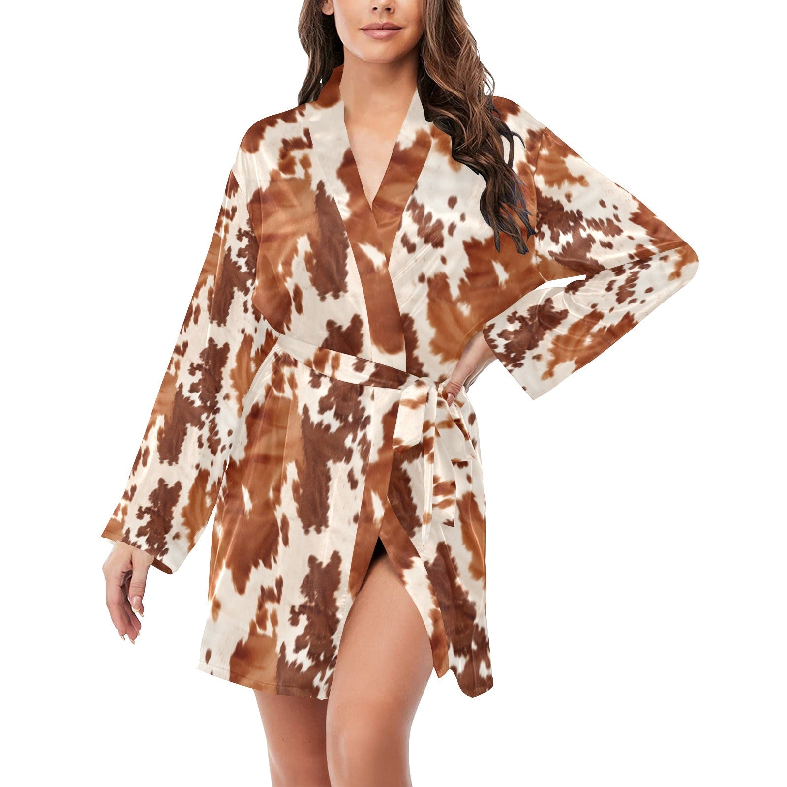 Baha Ranch Light Brown Cow Print Women's Long Sleeve Belted Satin Feel Dressing Lounge Robe by Baha Ranch Western Wear