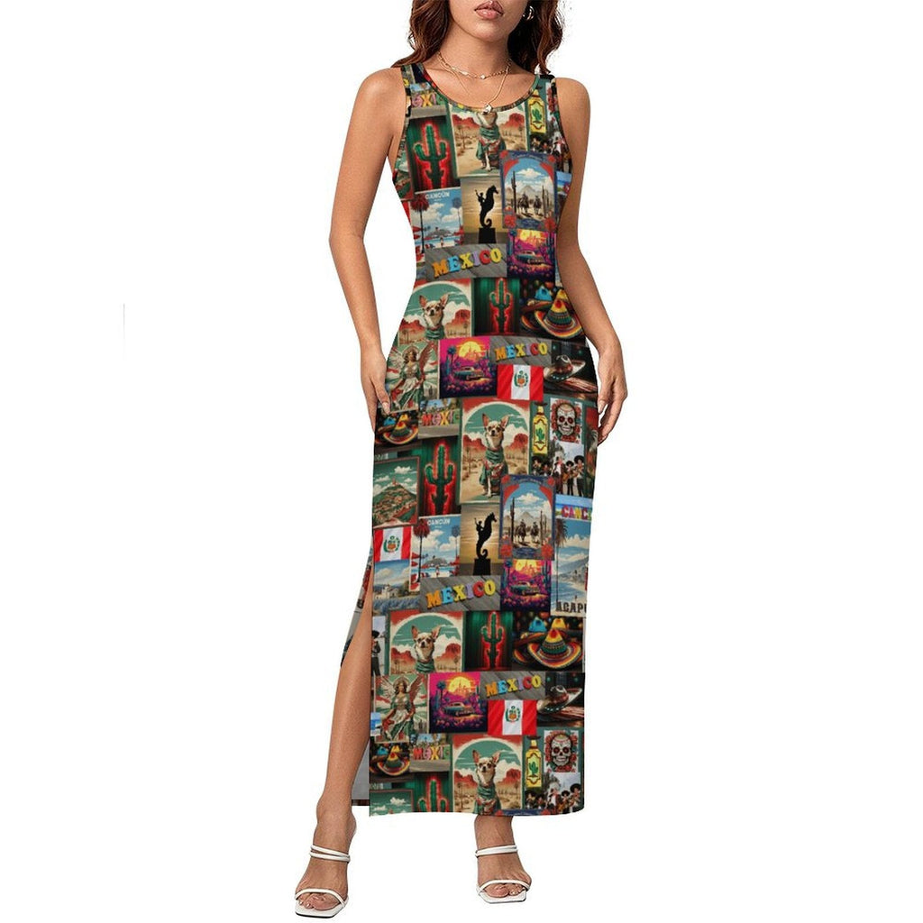Baha Ranch Colores De Mexico Destination Mexico Sleeveless Bodycon Side Slit Long Dress by Baha Ranch Western Wear