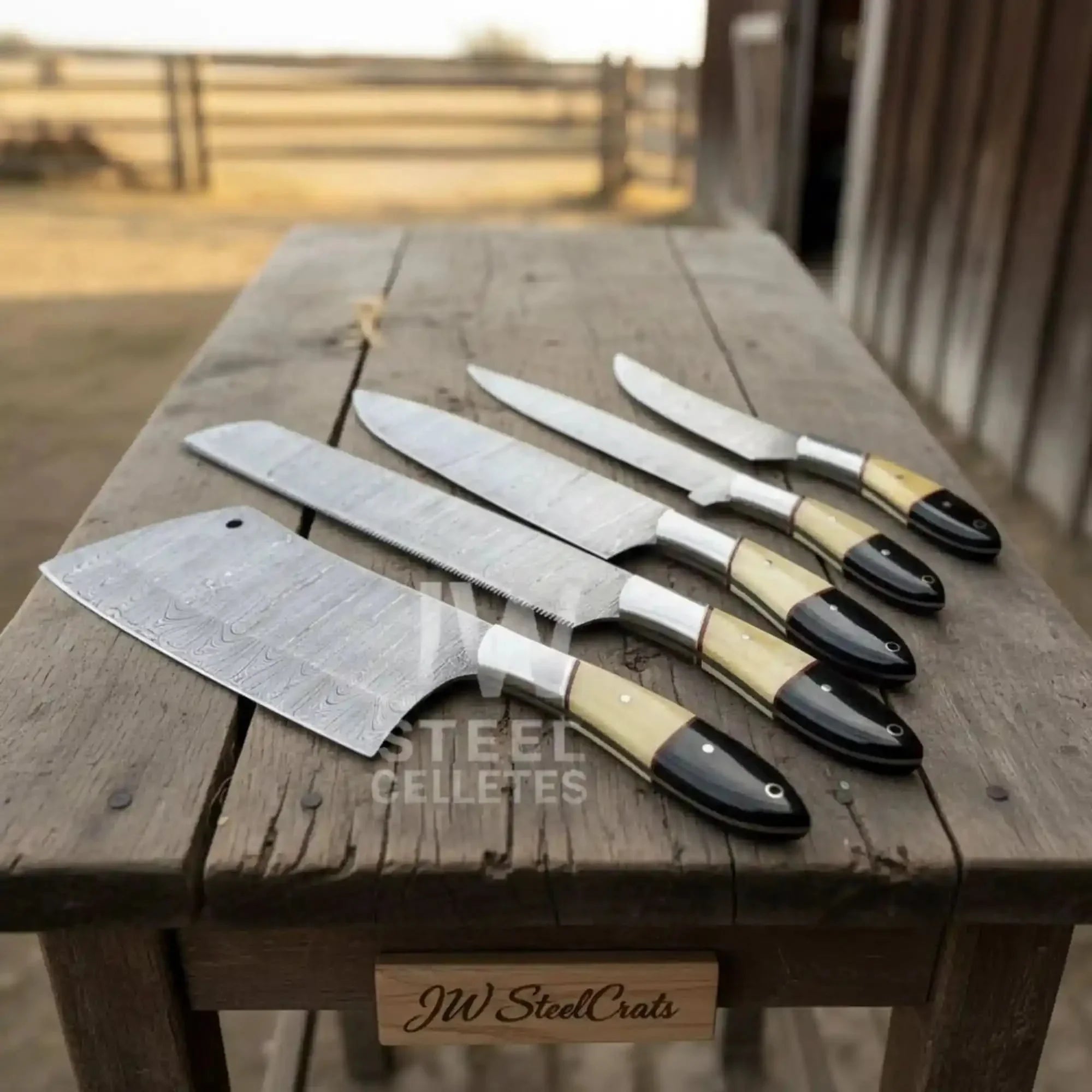 5-Piece Damascus Chef Knife Set – Camel Bone and Black Micarta Handles