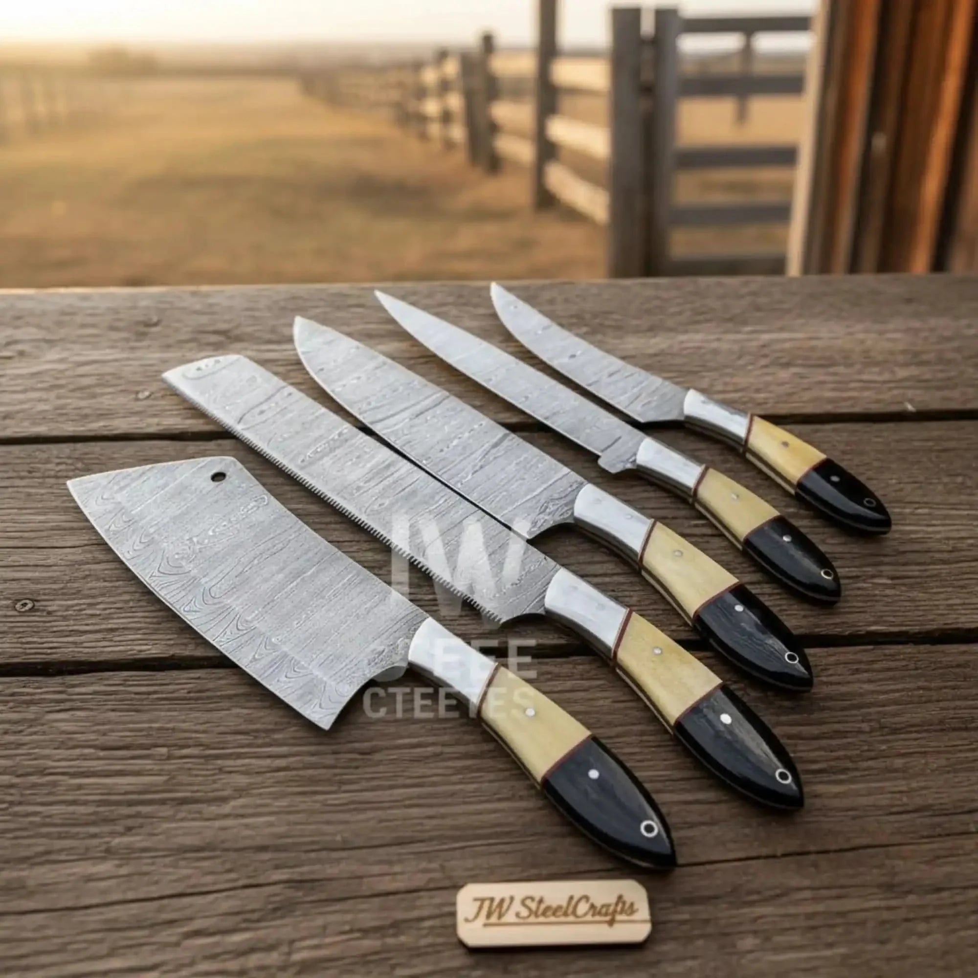 5-Piece Handmade Damascus Chef Knife Set with Wood and Resin Handles