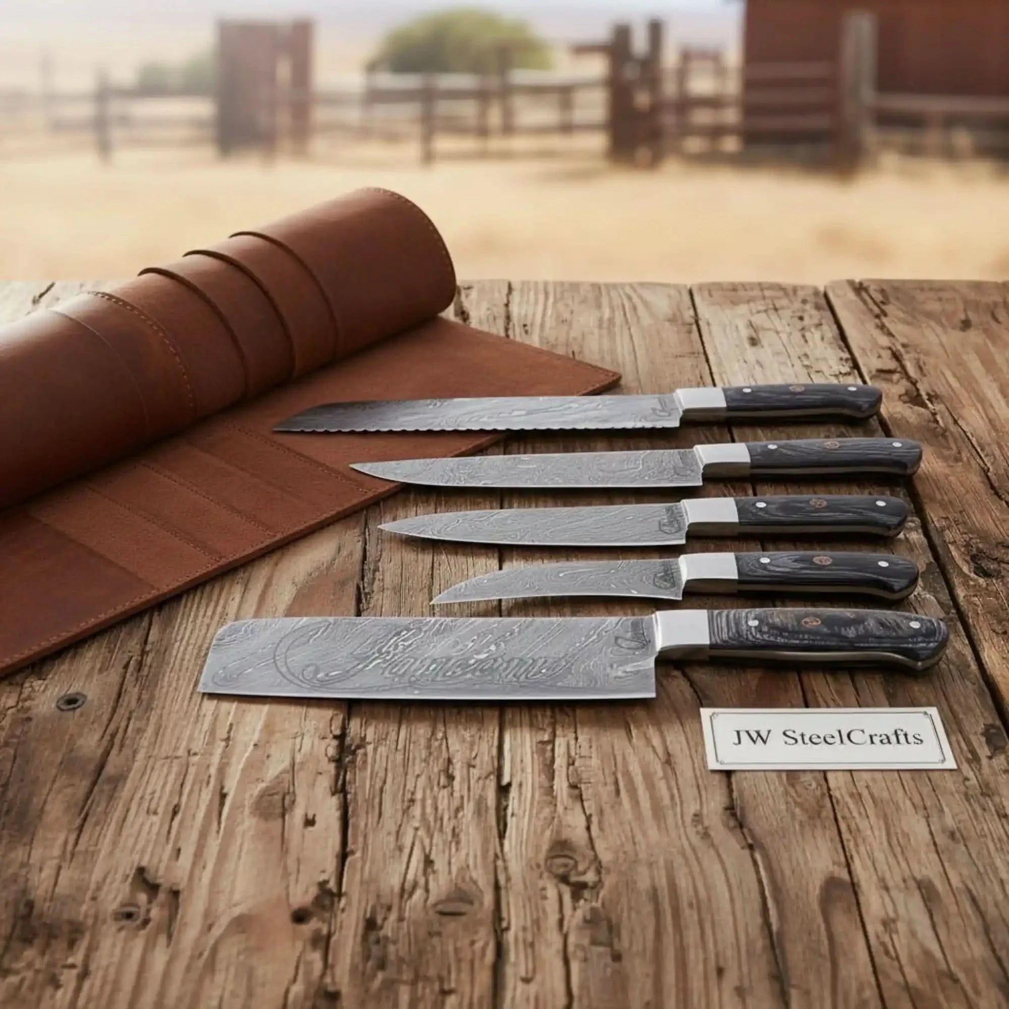 5-Piece Damascus Knife Set with Leather Roll and Black Resin Handles