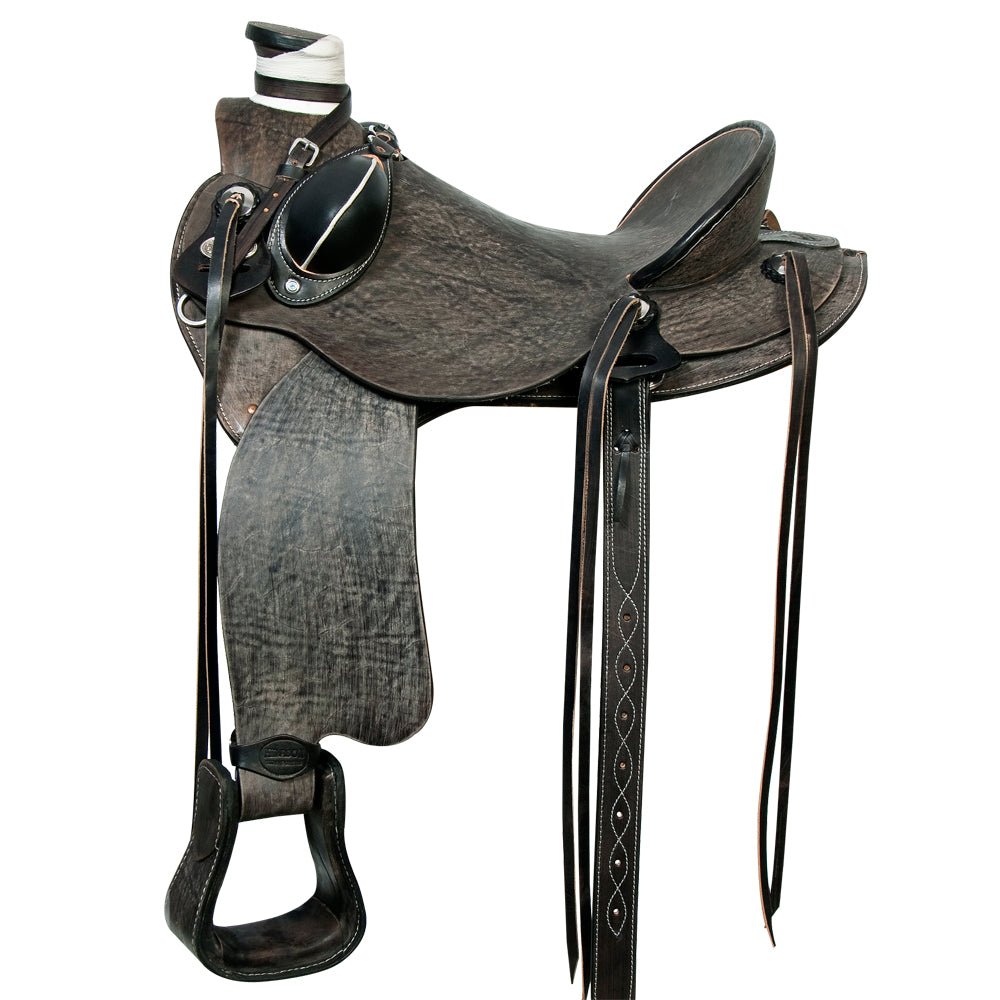 Traditional Handcrafted Antique Black Wade Ranch Roping Saddle With Exquisite Tooled Leather