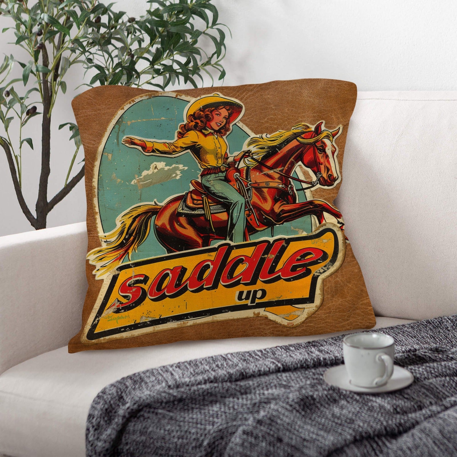 Baha Ranch Saddle Up Vintage Cowgirl Throw Pillow Case 18x18inch Made in America by Baha Ranch Western Wear - product image 6