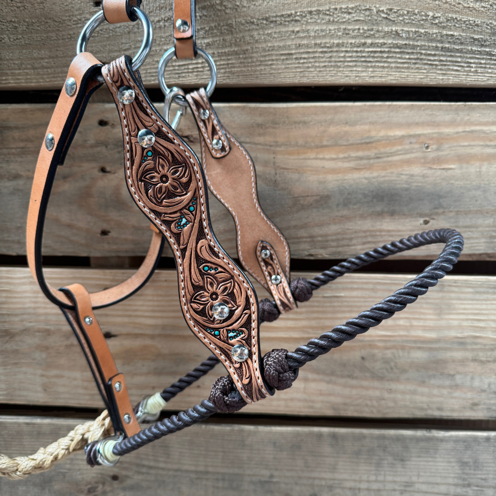 Brown Floral Tooled Lariat & Leather Combo Halter — view 2