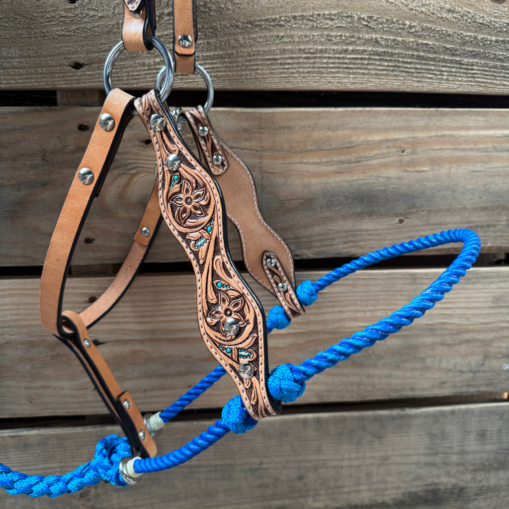 Blue Floral Tooled Lariat & Leather Combo Halter — view 2