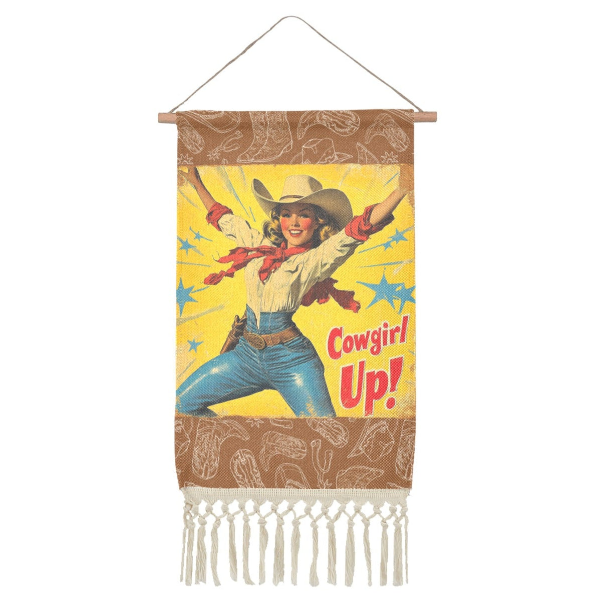 Baha Ranch Cowgirl Up Vintage Western Wall Decor Linen Hanging Poster with Fringe Made in America by Baha Ranch Western Wear