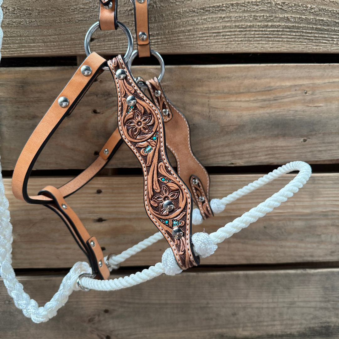 White Floral Tooled Lariat & Leather Combo Halter — view 2