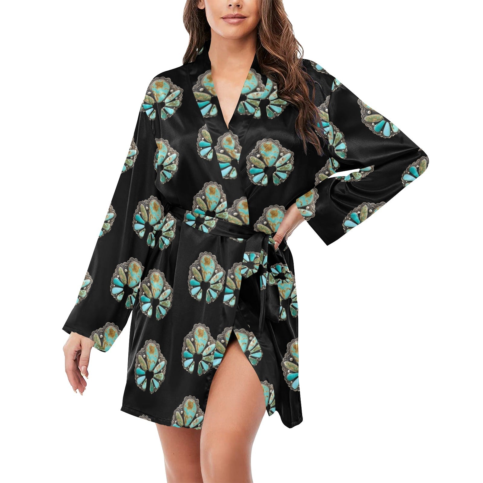 Baha Ranch Turquoise Naja Women's Long Sleeve Belted Satin Feel Dressing Lounge Robe by Baha Ranch Western Wear