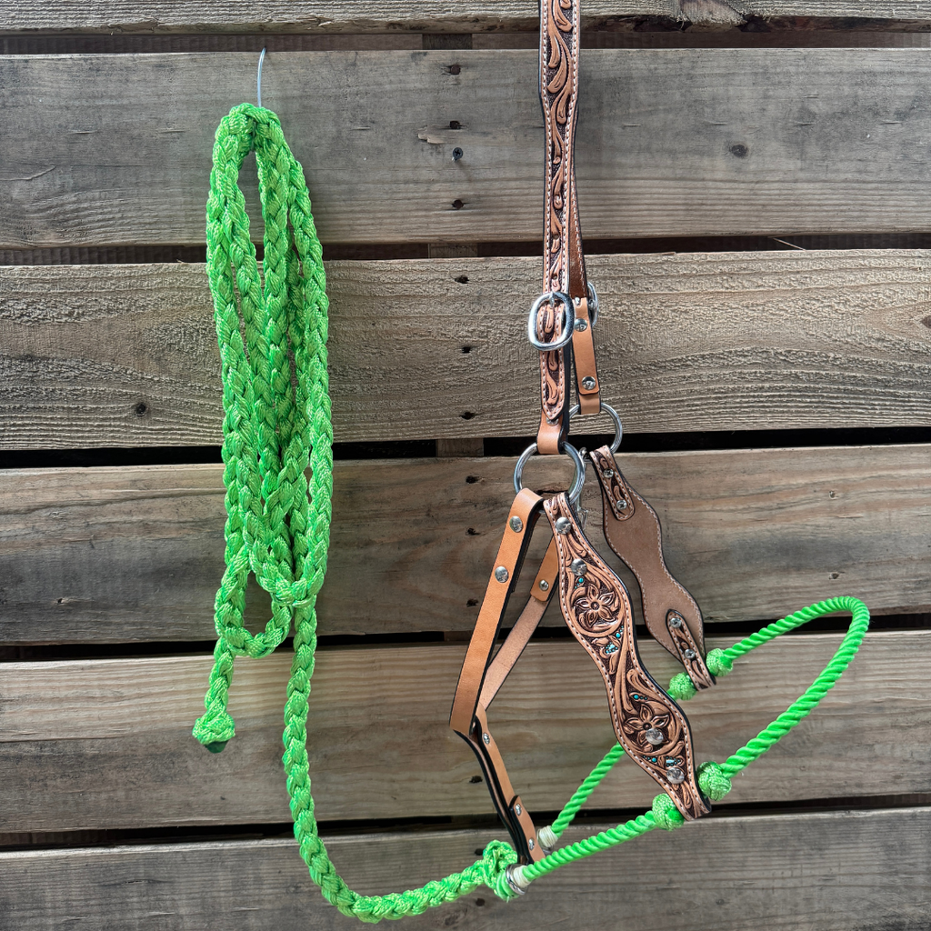 Lime Floral Tooled Lariat & Leather Combo Halter