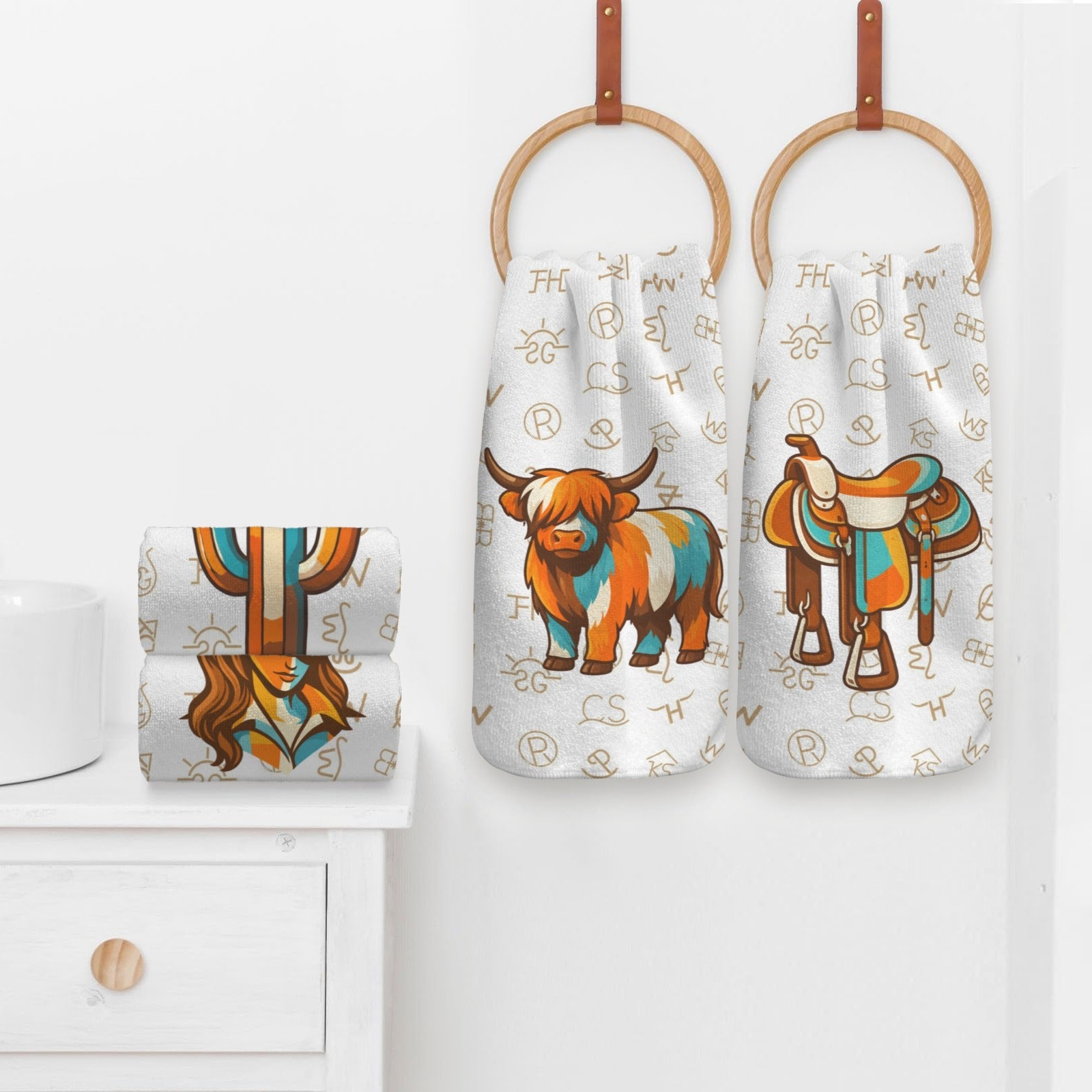Baha Ranch Set of 4 Minimalistic Western Highland Cow Cattle Brands Kitchen Towels Made in America by Baha Ranch Western Wear