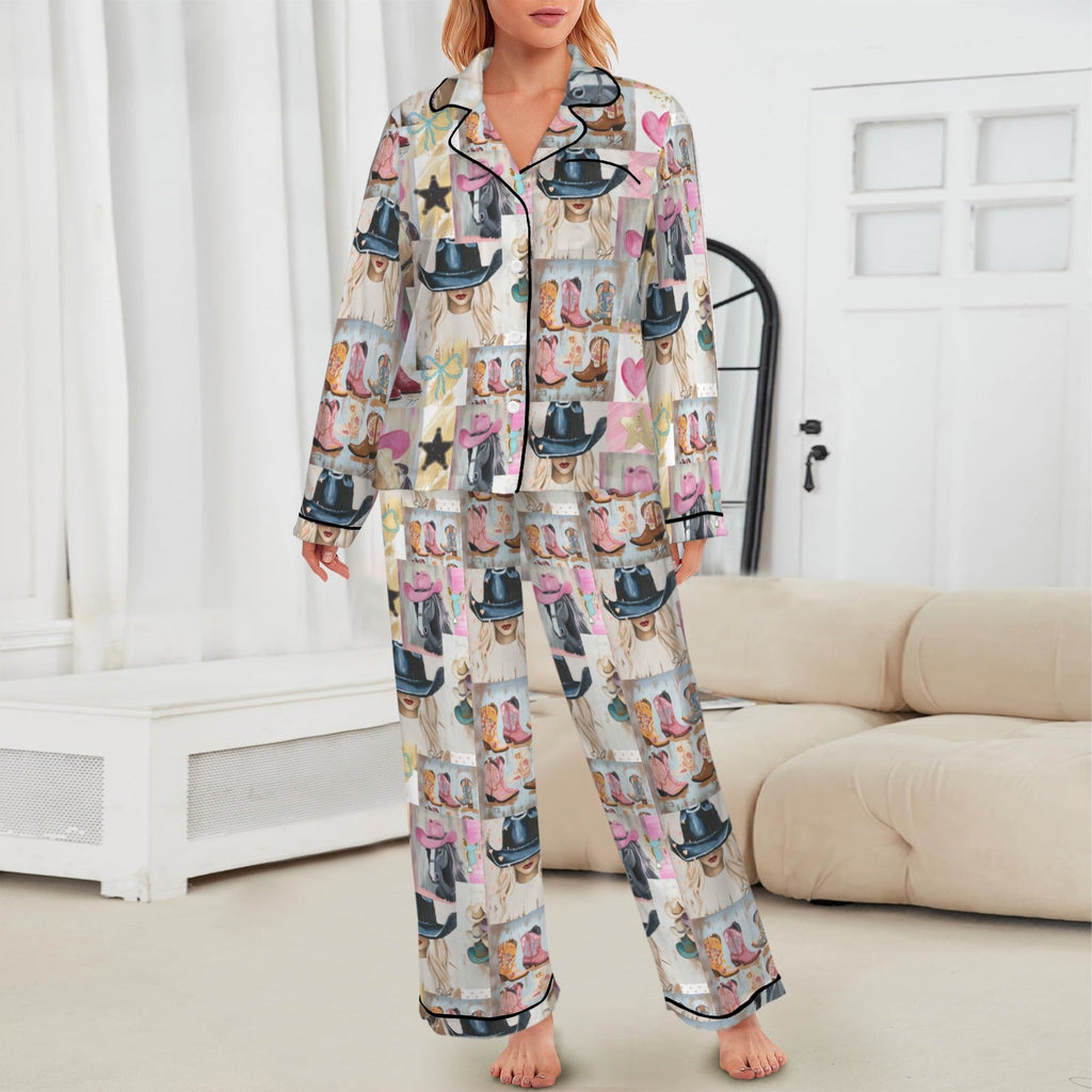Baha Ranch Danilo Painted Cowgirl Western Satin Long Pajama Set by Baha Ranch Western Wear