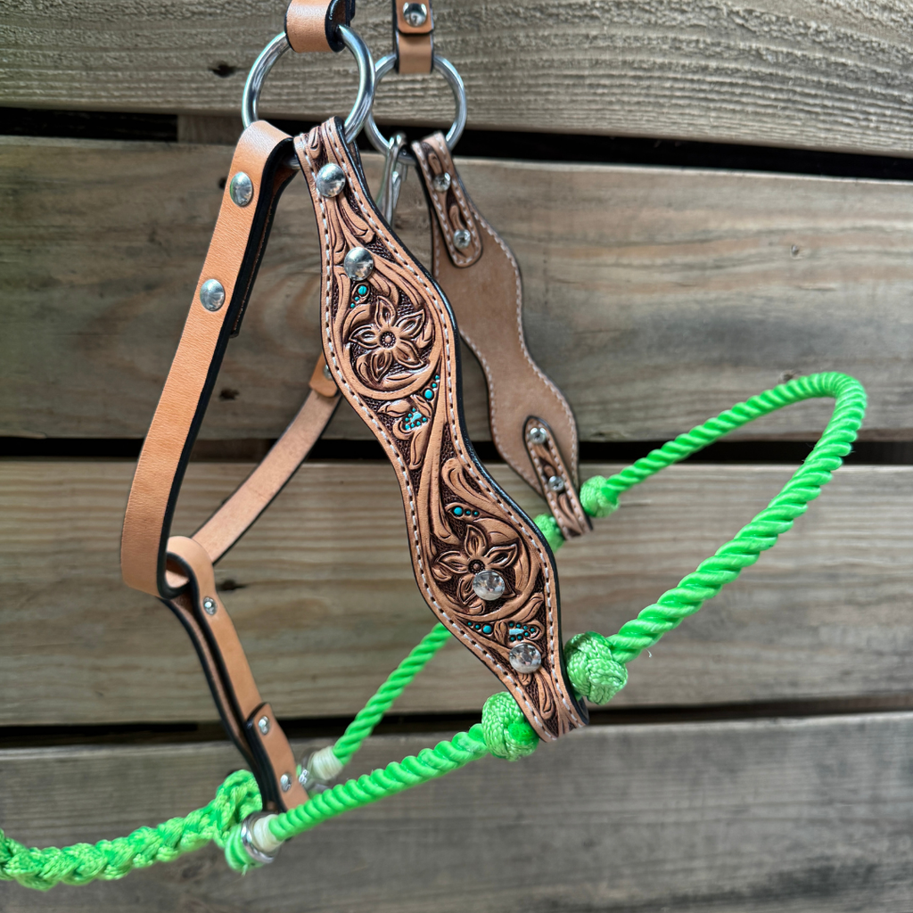 Lime Floral Tooled Lariat & Leather Combo Halter — view 2