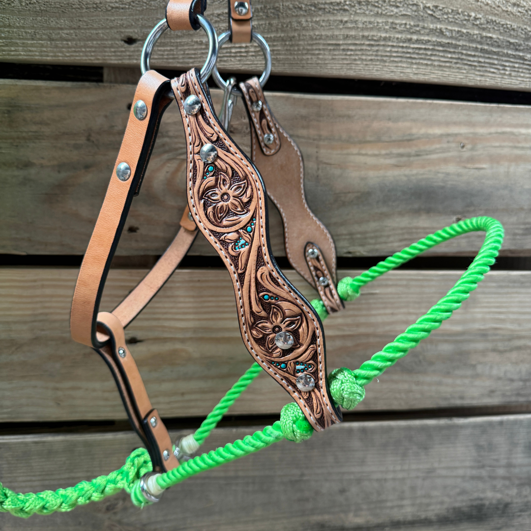 Lime Floral Tooled Lariat & Leather Combo Halter — view 2