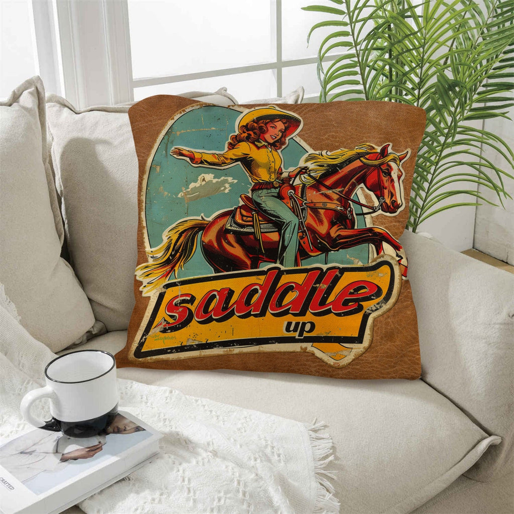Baha Ranch Saddle Up Vintage Cowgirl Throw Pillow Case 18x18inch Made in America by Baha Ranch Western Wear - product image 2