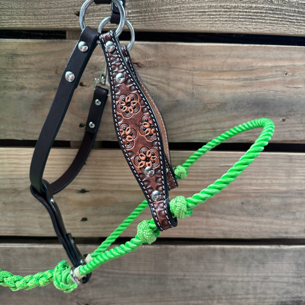 Lime Flower Power Tooled Lariat & Leather Combo Halter — view 2