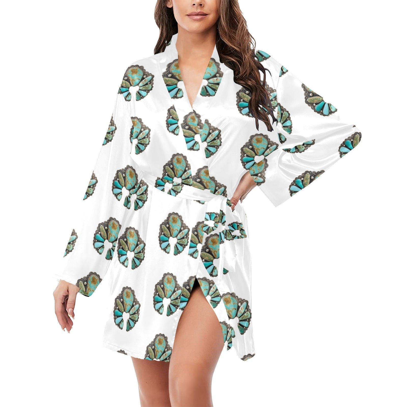 Baha Ranch Turquoise Naja Women's Long Sleeve Belted Satin Feel Dressing Lounge Robe by Baha Ranch Western Wear