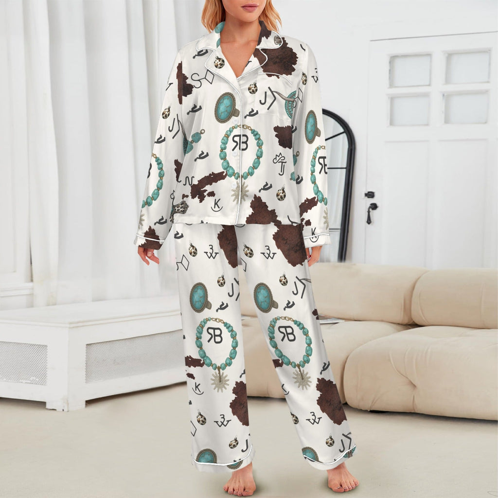 Baha Ranch Brands & Turquoise Cowgirl Christmas Western Cowprint Satin Pajamas by Baha Ranch Western Wear