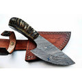 6 Inch Damascus Steel Skinner Knife with Ram Horn Handle and Leather Sheath