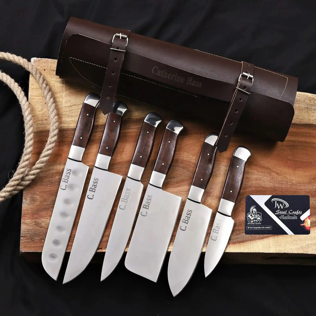 6-Piece High Carbon Steel Kitchen Knife Set with Leather Roll — Olive Wood Handles, Steel Bolsters, 7 to 12 Inc