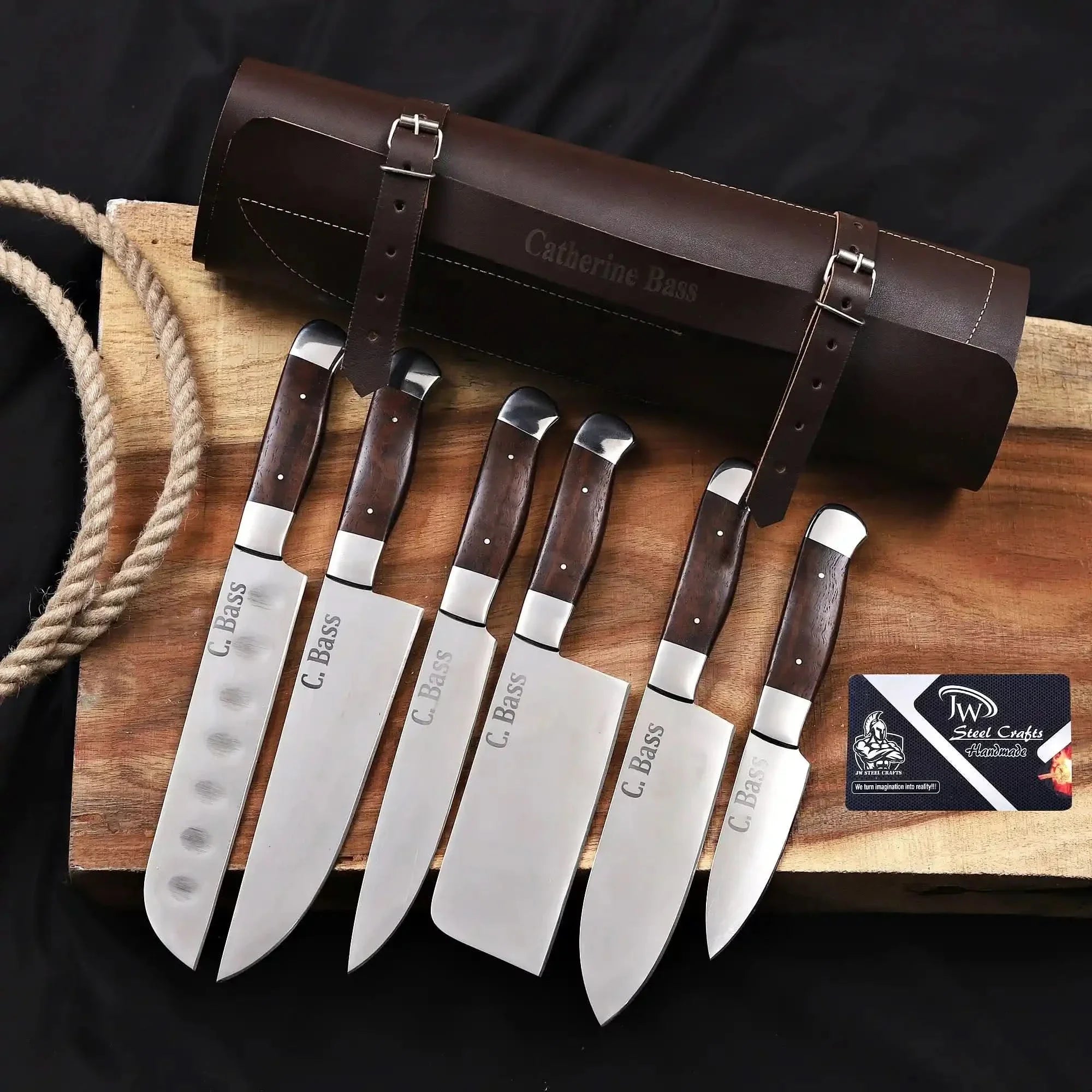 6-Piece High Carbon Steel Kitchen Knife Set with Leather Roll — Olive Wood Handles, Steel Bolsters, 7 to 12 Inc