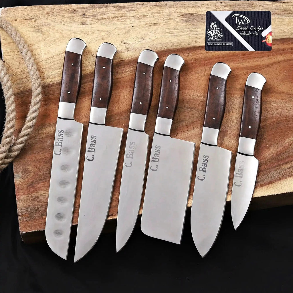 6-Piece High Carbon Steel Kitchen Knife Set with Leather Roll — Olive Wood Handles, Steel Bolsters, 7 to 12 Inc