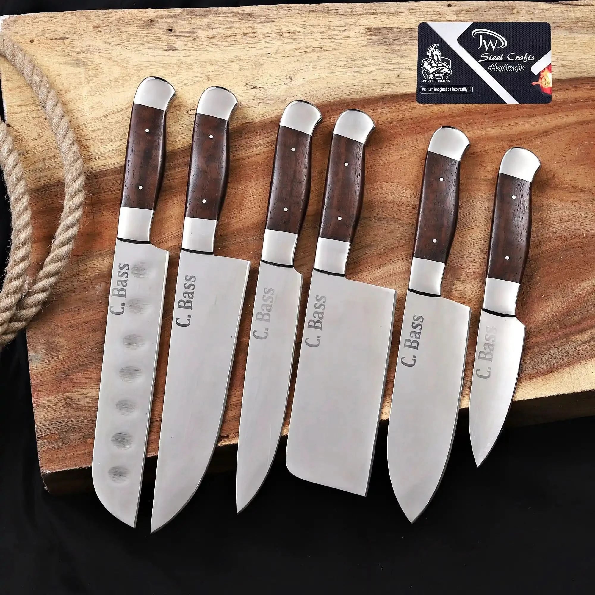 6-Piece High Carbon Steel Kitchen Knife Set with Leather Roll — Olive Wood Handles, Steel Bolsters, 7 to 12 Inc