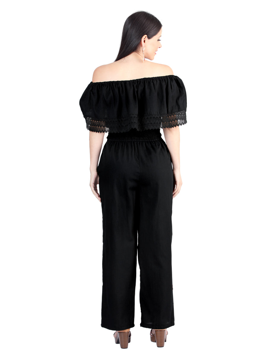Artisanal Embroidered Jumpsuit 100% Cotton Black 603965 — view 2