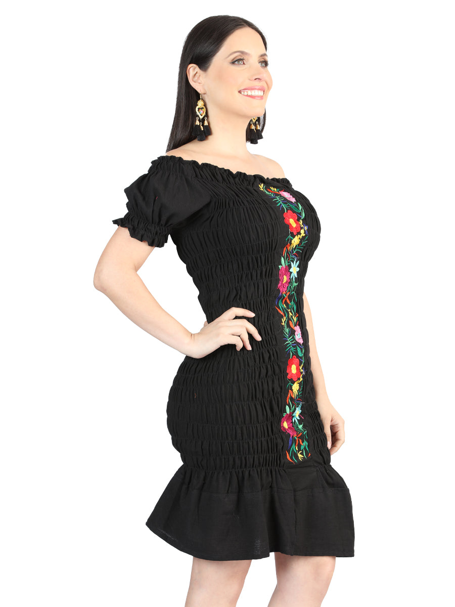 Artisanal Embroidered Dress 100% Cotton Black 604007 — view 3