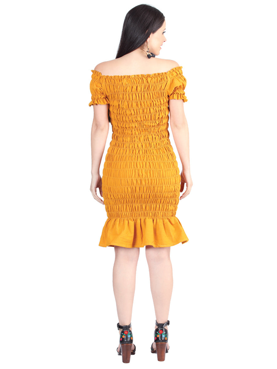 Artisanal Embroidered Dress 100% Cotton Mustard 604008 — view 2