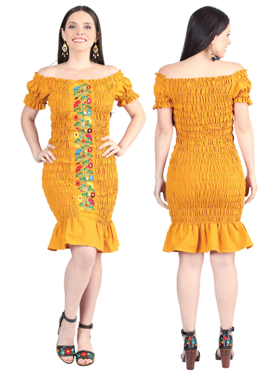 Artisanal Embroidered Dress 100% Cotton Mustard 604008 — view 3