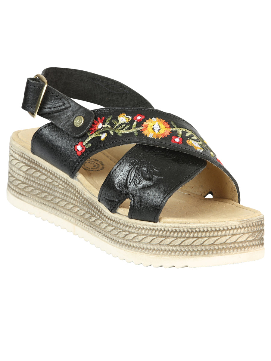 Mexican Artisanal Leather Sandals - Black Floral 604022 — view 2