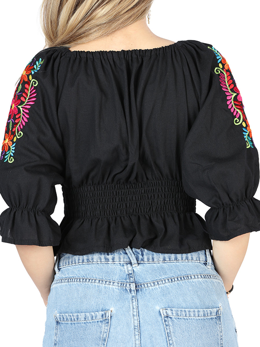 Artisanal Embroidered Blouse 100% Cotton Black 604051 — view 4