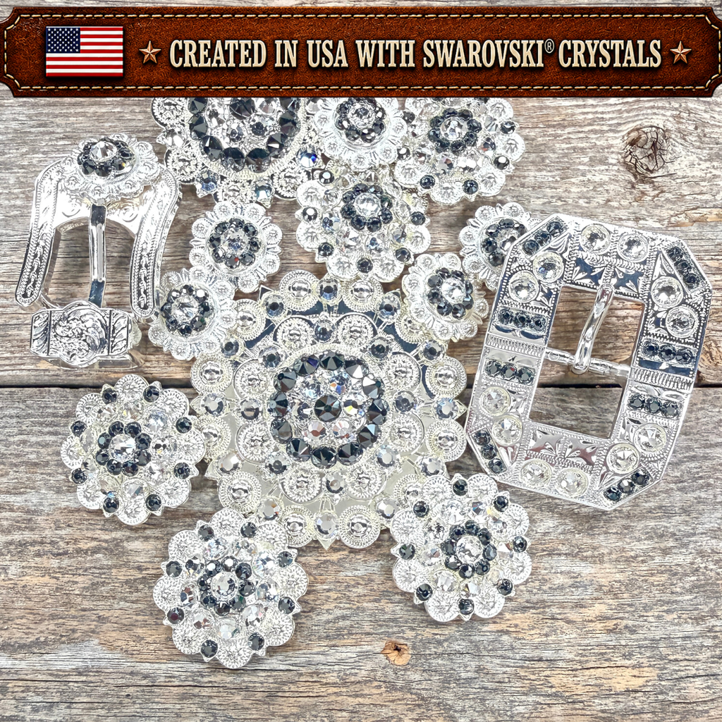 Bright Silver Jet - Clear Crystal Conchos | Sizes 1"- 3" | Buckles | Saddle Set | Leather Rosettes | Slide