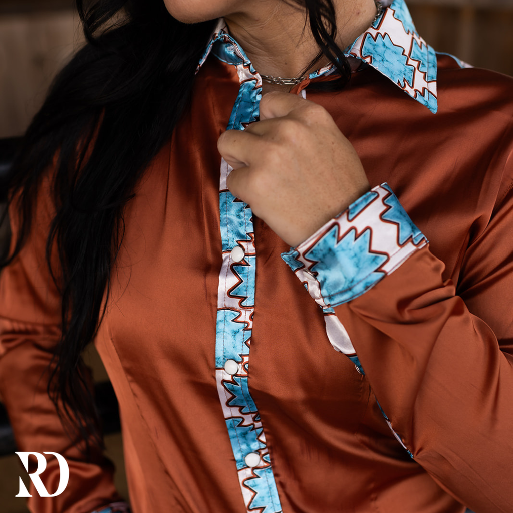 Amber Aztec Satin Performance Rodeo Shirt — view 3