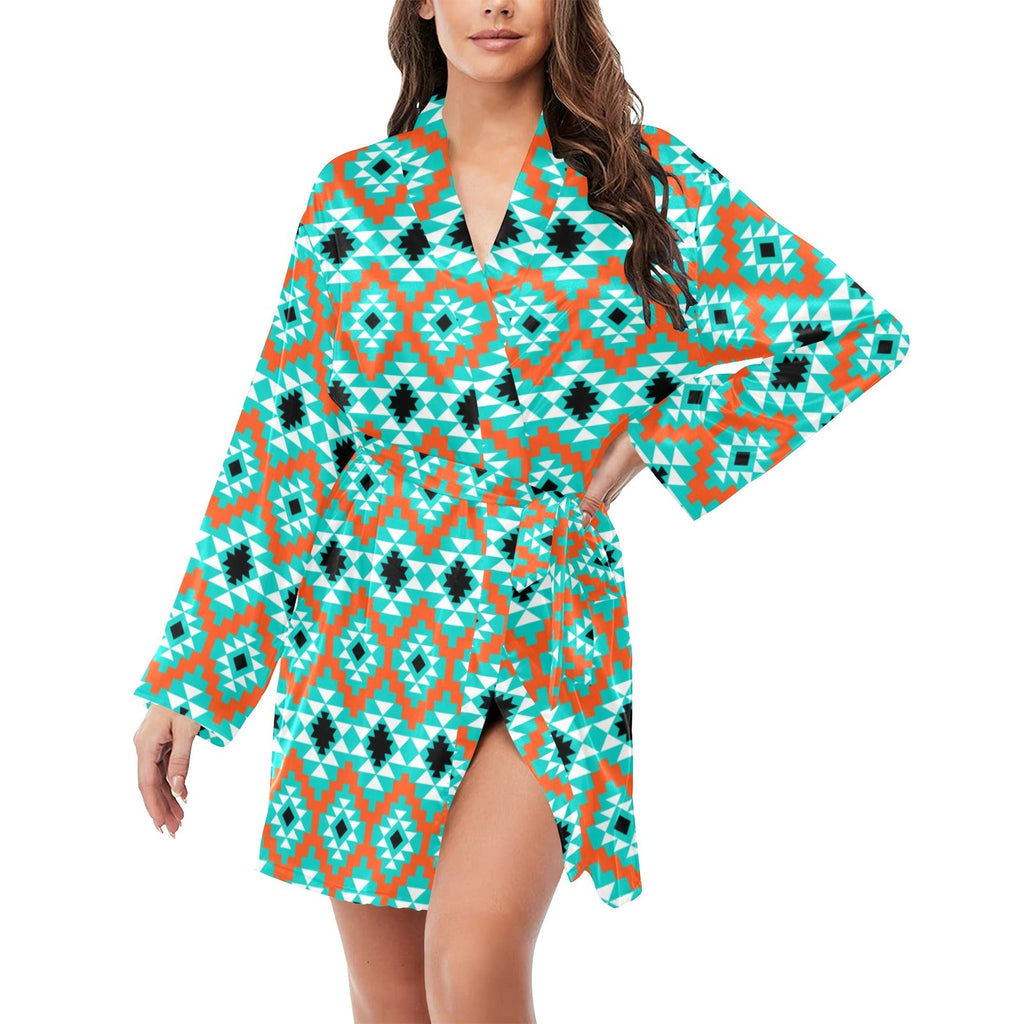 Baha Ranch Aztec Turquoise Orange Women's Belted Satin Feel Dressing Lounge Robe by Baha Ranch Western Wear