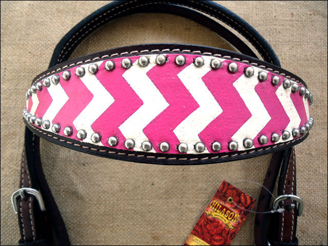 HILASON Western Horse Genuine Leather Headstall & Breast Collar Set Pink Zigzag