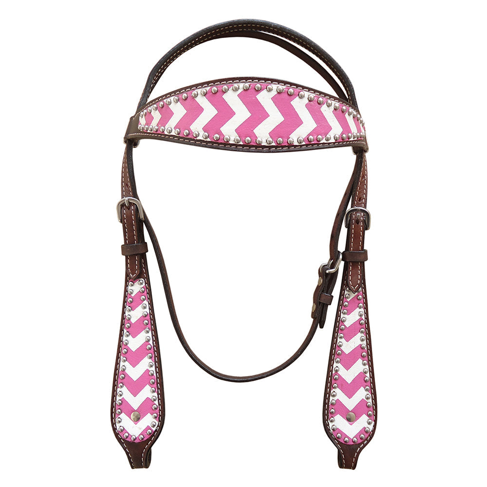 HILASON Western Horse Genuine Leather Headstall & Breast Collar Set Pink Zigzag