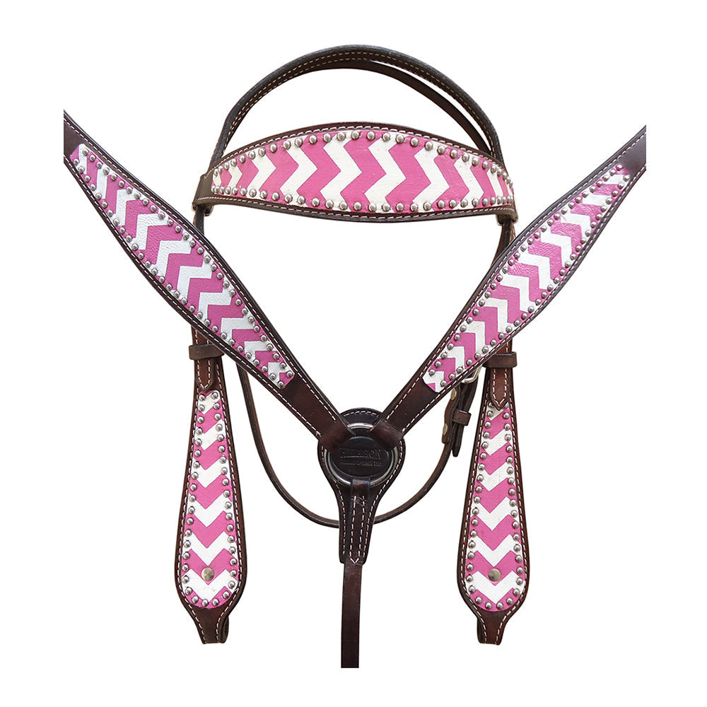 HILASON Western Horse Genuine Leather Headstall & Breast Collar Set Pink Zigzag