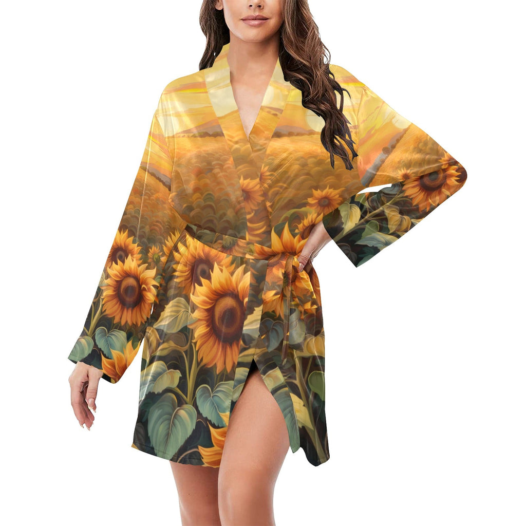 Baha Ranch Sunflower Field Women's Long Sleeve Belted Satin Feel Dressing Lounge Robe by Baha Ranch Western Wear